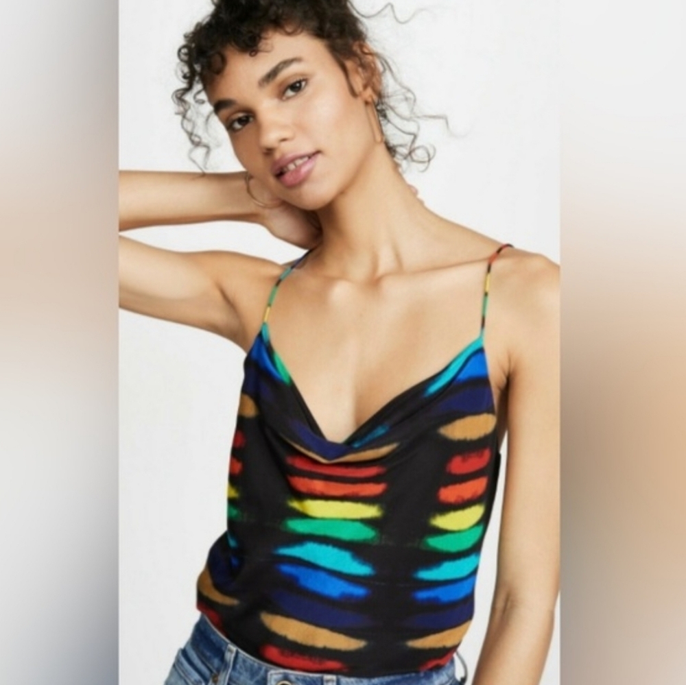 Alice + Olivia 100% Silk Black Cowl Neck Tank with Rainbow Stripes (M)